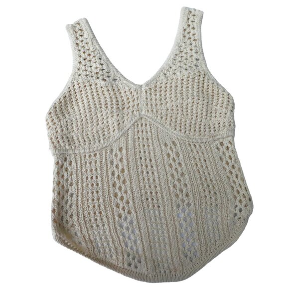 No Brand Tops - Y2K Open Crochet Ecru Tank Top Lined Bust V Neck Longer Front Curved Hem XL